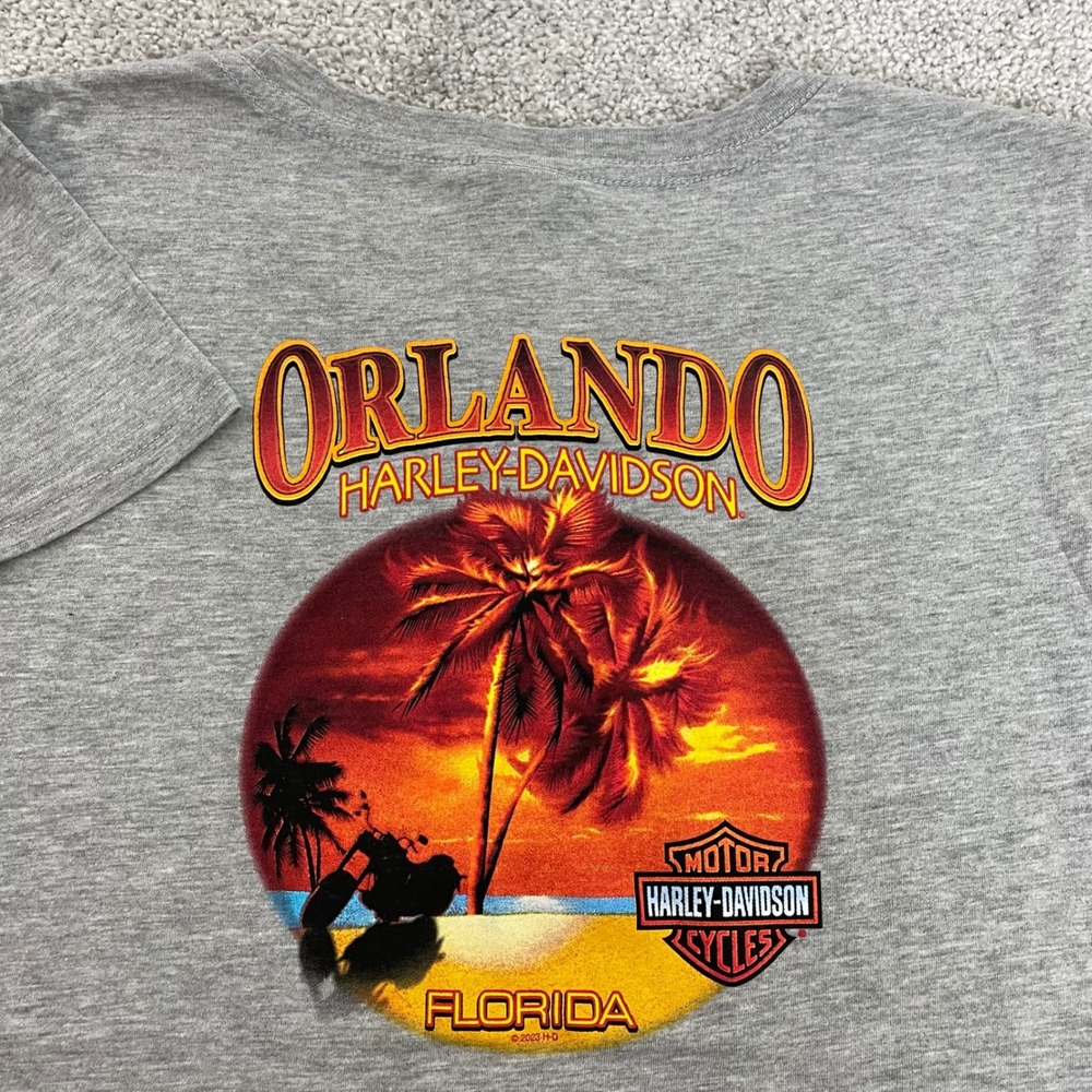 Harley-Davidson Tee Womens Small Sunshine Palm Gray Orlando Florida Graphic NEW